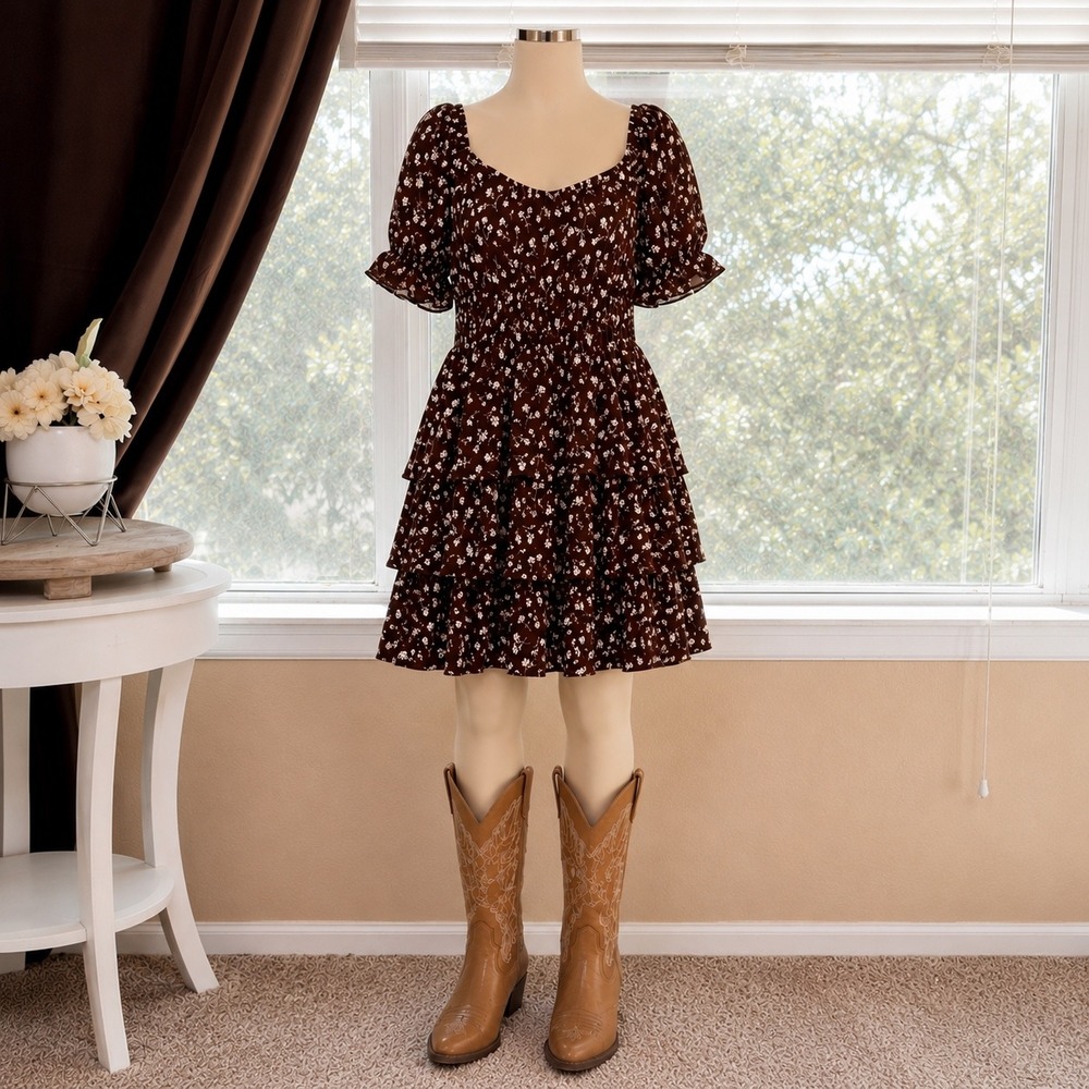 Inspired Hearts Brown Floral Smocked Tiered Ruffle Mini Dress Plus Size 2X